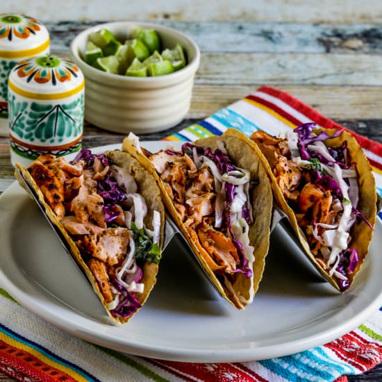Salmon Tacos with Mexican Slaw - Recipe photo by kalynskitchen