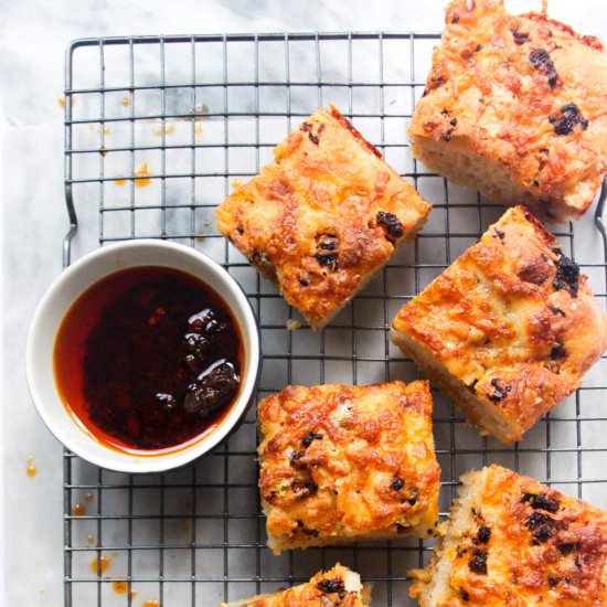 Easy No Knead Chilli Cheese Focaccia - Recipe photo by DishedbyKate