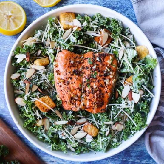 The Best Salmon Kale Caesar Salad - Recipe photo by blessthismeal