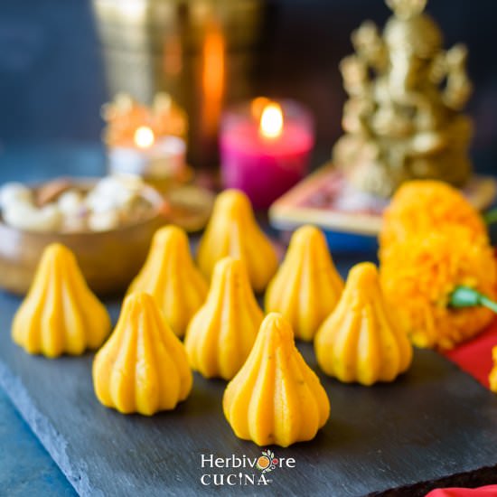 Kesar Malai Modak - Recipe photo by Herbivore Cucina