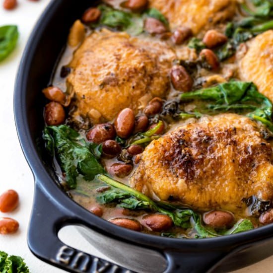 Skillet Chicken w Beans and Greens - Recipe photo by noshingwiththenolands