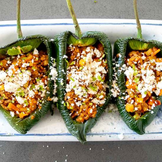 Picadillo Stuffed Poblano Peppers - Recipe photo by MexicanPlease