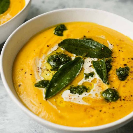Roasted Pumpkin Soup with Pesto - Recipe photo by lindseyeatsla
