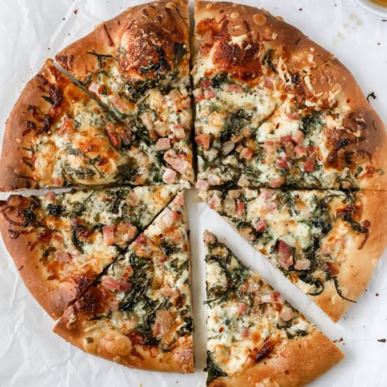 Four Cheese Pancetta Pizza - Recipe photo by farmflavor