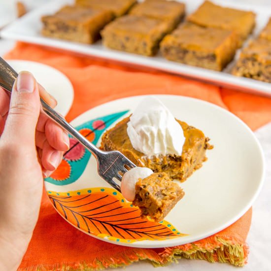 Chocolate Chip Pumpkin Pie Bars - Recipe photo by bunsenburnerbakery