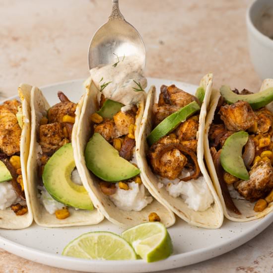 Salmon Tacos w Greek Yogurt Sauce - Recipe photo by marleysmenu