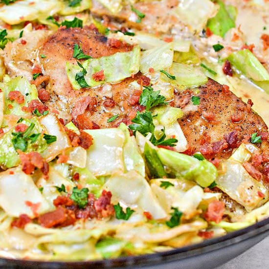 KETO PORK & CABBAGE IN BACON SAUCE - Recipe photo by Stylish Cravings