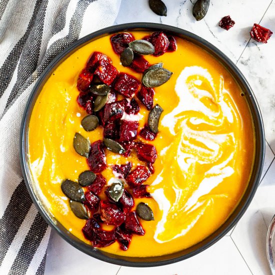 Roasted Pumpkin Sweet Potato Soup - Recipe photo by MyPurePlants