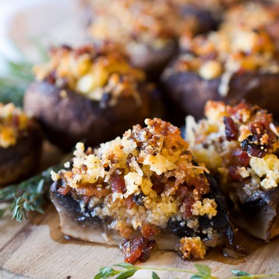 Cornbread + Bacon Stuffed Mushrooms - Recipe photo by sipandsanity