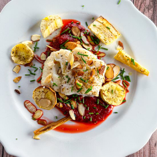 Baked Halibut With Beet Pure - Recipe photo by TastefullyGrace