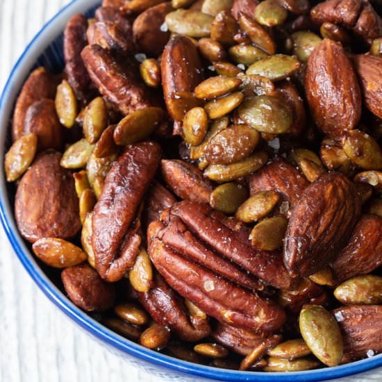 Sweet and Spicy Roasted Party Nuts - Recipe photo by For the Love of Cooking