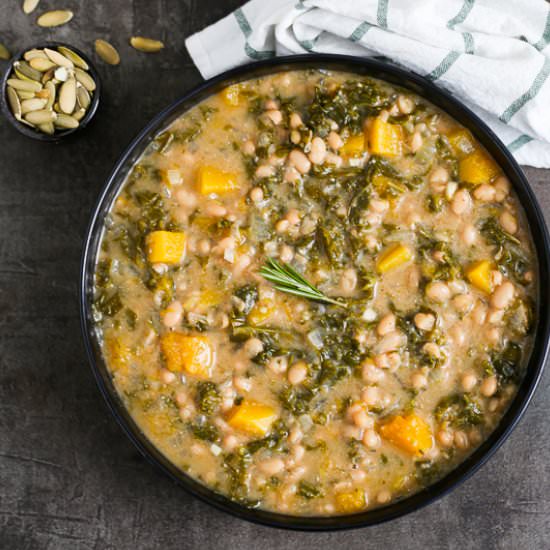 Squash, kale and white bean soup - Recipe photo by trafficlightcook