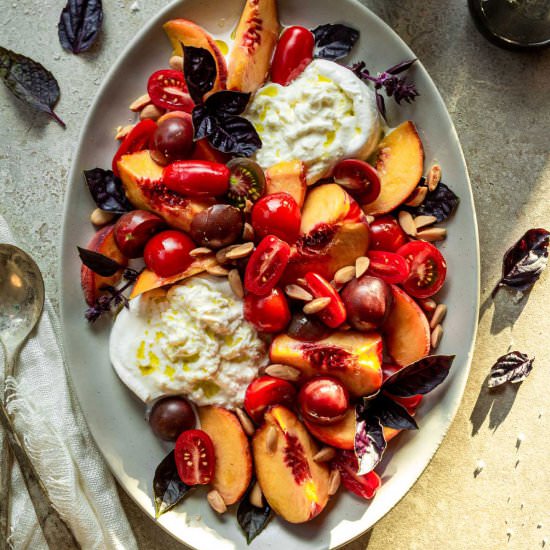 Peach, Tomato & Burrata Salad - Recipe photo by A Cultivated Living