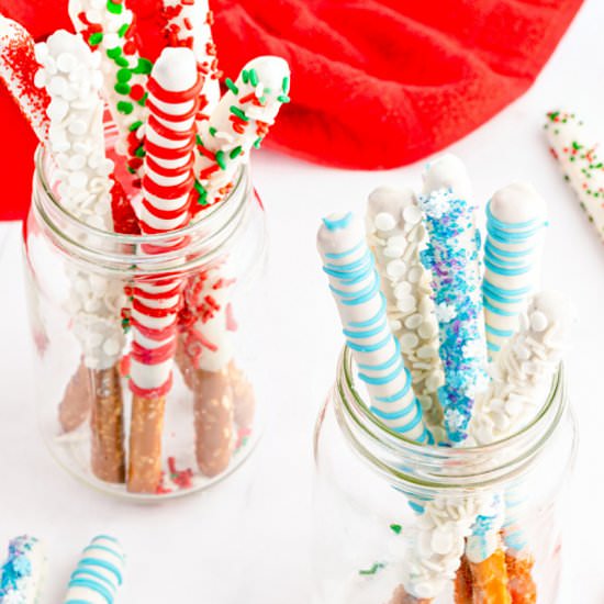 Chocolate Holiday Pretzel Rods - Recipe photo by Skinny Sweets