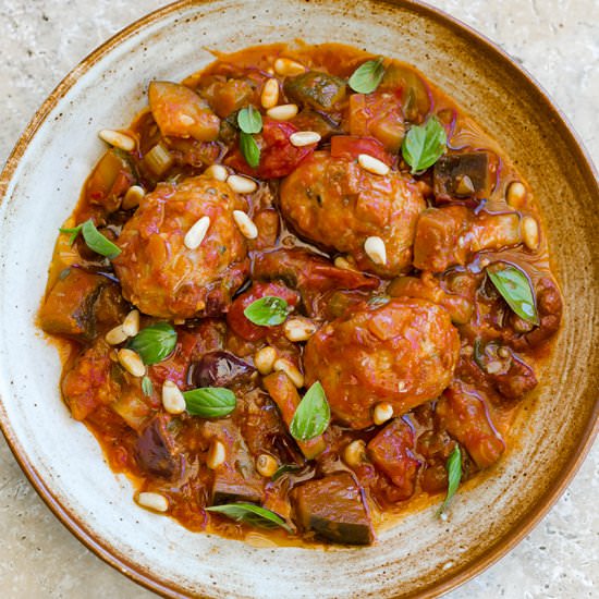 Caponata with Pork Fennel Meatballs - Recipe photo by Flaevor