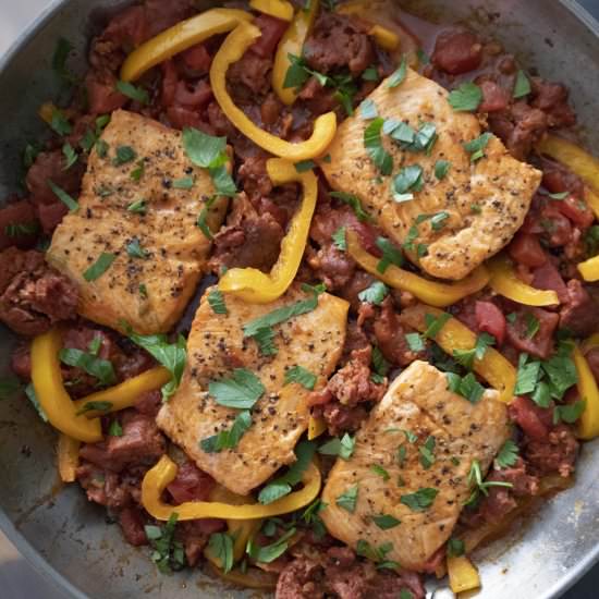 Salmon and chorizo in tomato sauce - Recipe photo by foodmakesmehappy