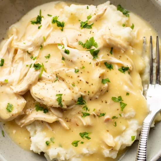 shredded chicken and gravy - Recipe photo by saltandlavender