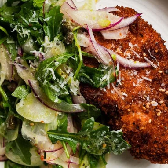 Crispy Chicken with Fennel Arugula - Recipe photo by lindseyeatsla