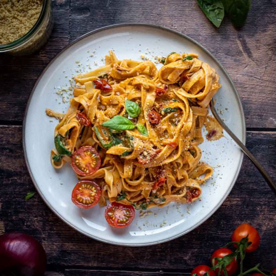 Creamy Christmas Fettuccine Pasta - Recipe photo by Ourplantbasedworld