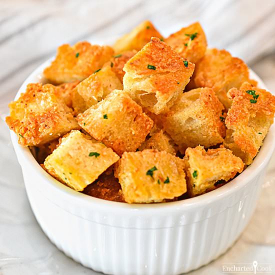 Garlic Parmesan Croutons - Recipe photo by Encharted Cook