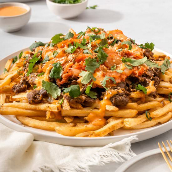 Loaded Korean Bulgogi Fries - Recipe photo by takestwoeggs