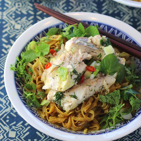 Turmeric noodles & salt-pepper cod - Recipe photo by Food Gal