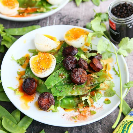 Snow Peas with Chorizo and Eggs - Recipe photo by angiesrecipes