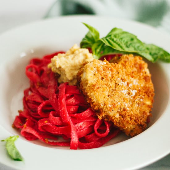 Tofu Hearts with Beet Alfredo - Recipe photo by anotherveganfoodblog.com