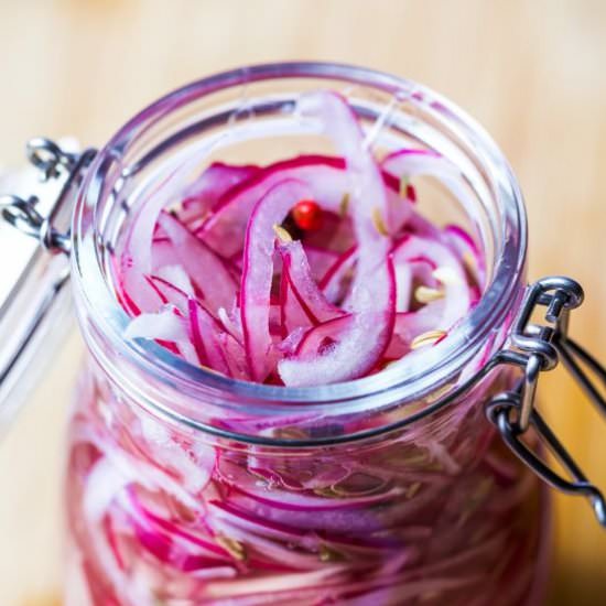 Quick no-cook red onion pickles - Recipe photo by flourishingkitchen