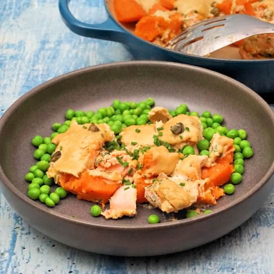 tahini salmon and sweet potato bake - Recipe photo by Cuisine Fiend