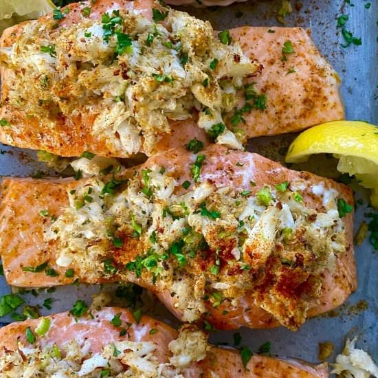 Lump Crab Cake Stuffed Salmon - Recipe photo by amycaseycooks