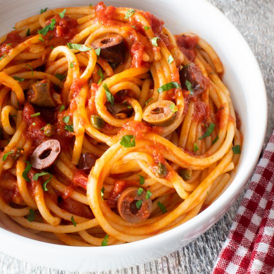 Spaghetti Puttanesca - Recipe photo by For the Love of Cooking