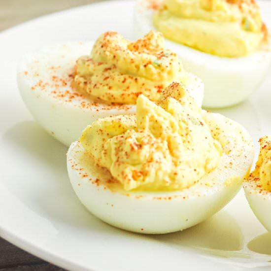 No Mayo Deviled Eggs - Recipe photo by OnMyKidsPlate