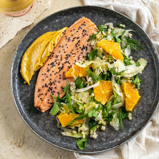 Orange Fennel Trout with Harissa Ai - Recipe photo by Flaevor
