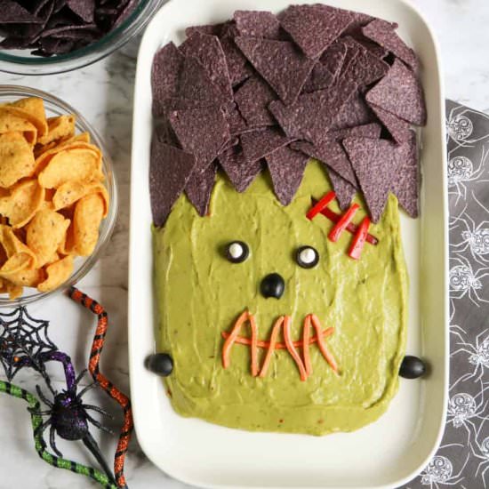 Spooky Frankenstein Guacamole - Recipe photo by OnMyKidsPlate
