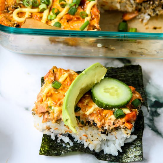 Spicy Salmon Sushi Bake - Recipe photo by the food blog