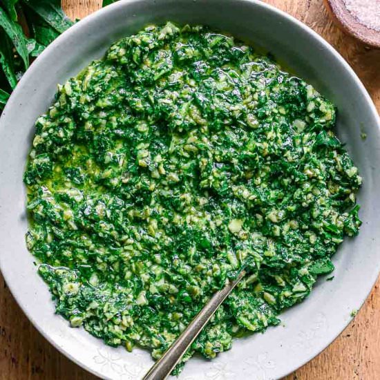 Dandelion Greens Pesto Sauce - Recipe photo by forkintheroad