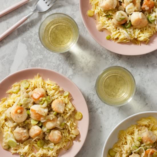 Scallop Scampi, Spring Onions, Orzo - Recipe photo by jillshough