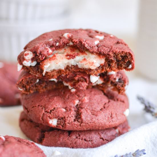 Vegan Stuffed Red Velvet Cookies - Recipe photo by earthly provisions