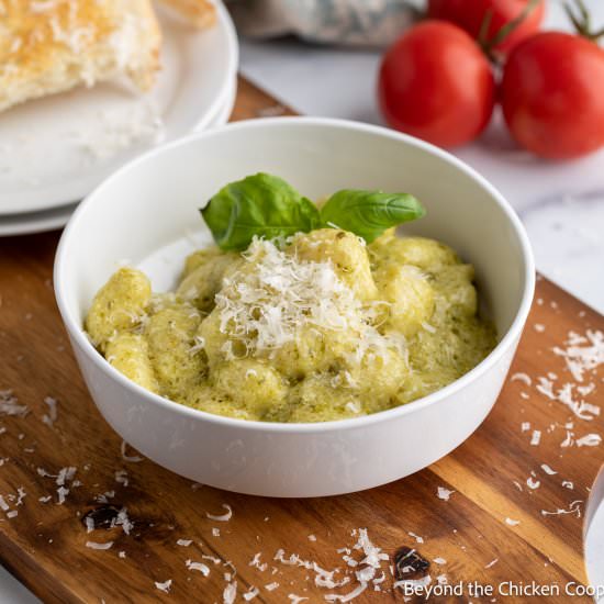 Creamy Pesto Gnocchi - Recipe photo by BeyondtheCoop
