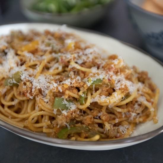 Tomato curry and chorizo pasta - Recipe photo by foodmakesmehappy