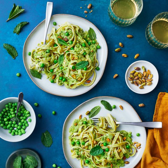 Pasta with Mint Pistachio Pesto - Recipe photo by whatsteveeats