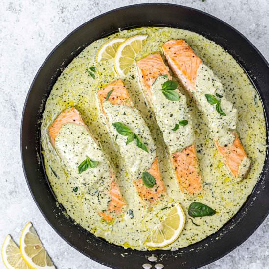 CREAMY PESTO SALMON - Recipe photo by healthyfitnessmeals
