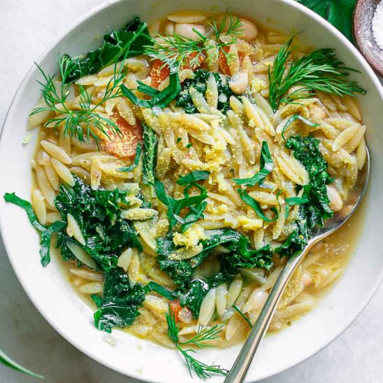 Lemon White Bean Kale Orzo Soup - Recipe photo by forkintheroad