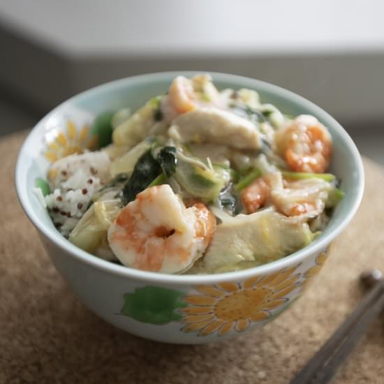 Mitsuba chicken and shrimp rice - Recipe photo by foodmakesmehappy