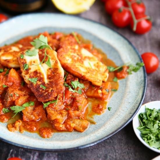 Crispy Halloumi with Zaalouk - Recipe photo by angiesrecipes