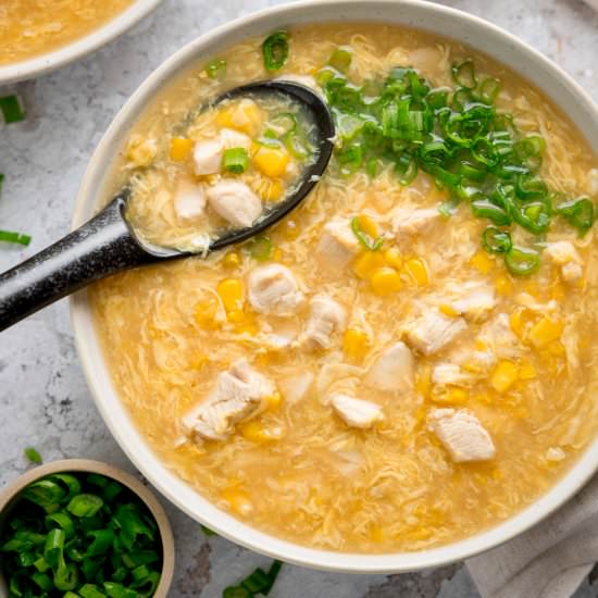 Chicken and Sweetcorn Soup - Recipe photo by KitchenSanctuary