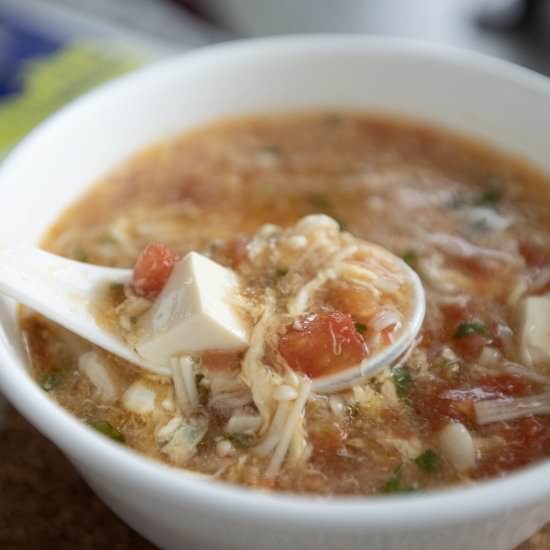 Tomato egg and tofu soup - Recipe photo by foodmakesmehappy