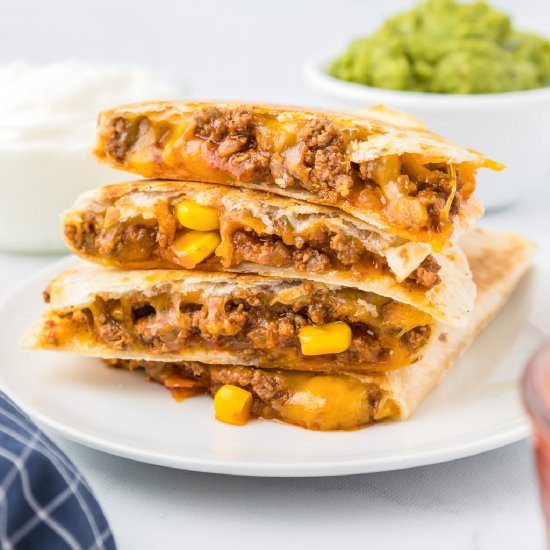 Cheesy Ground Beef Quesadillas - Recipe photo by OnMyKidsPlate