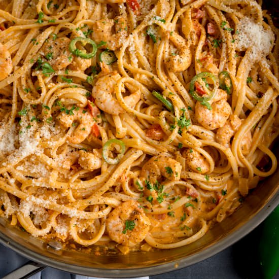 Creamy Cajun Prawn Pasta - Recipe photo by KitchenSanctuary